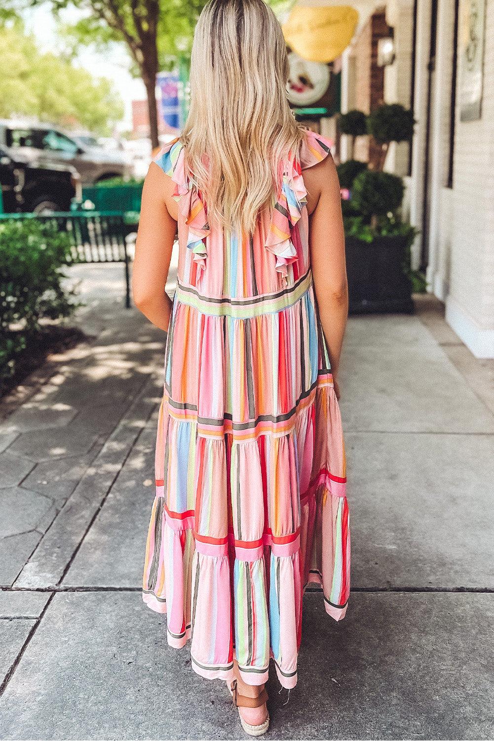 Rainbow Stripe Ruffle Tiered Dress Maxi Dresses MyDresses 