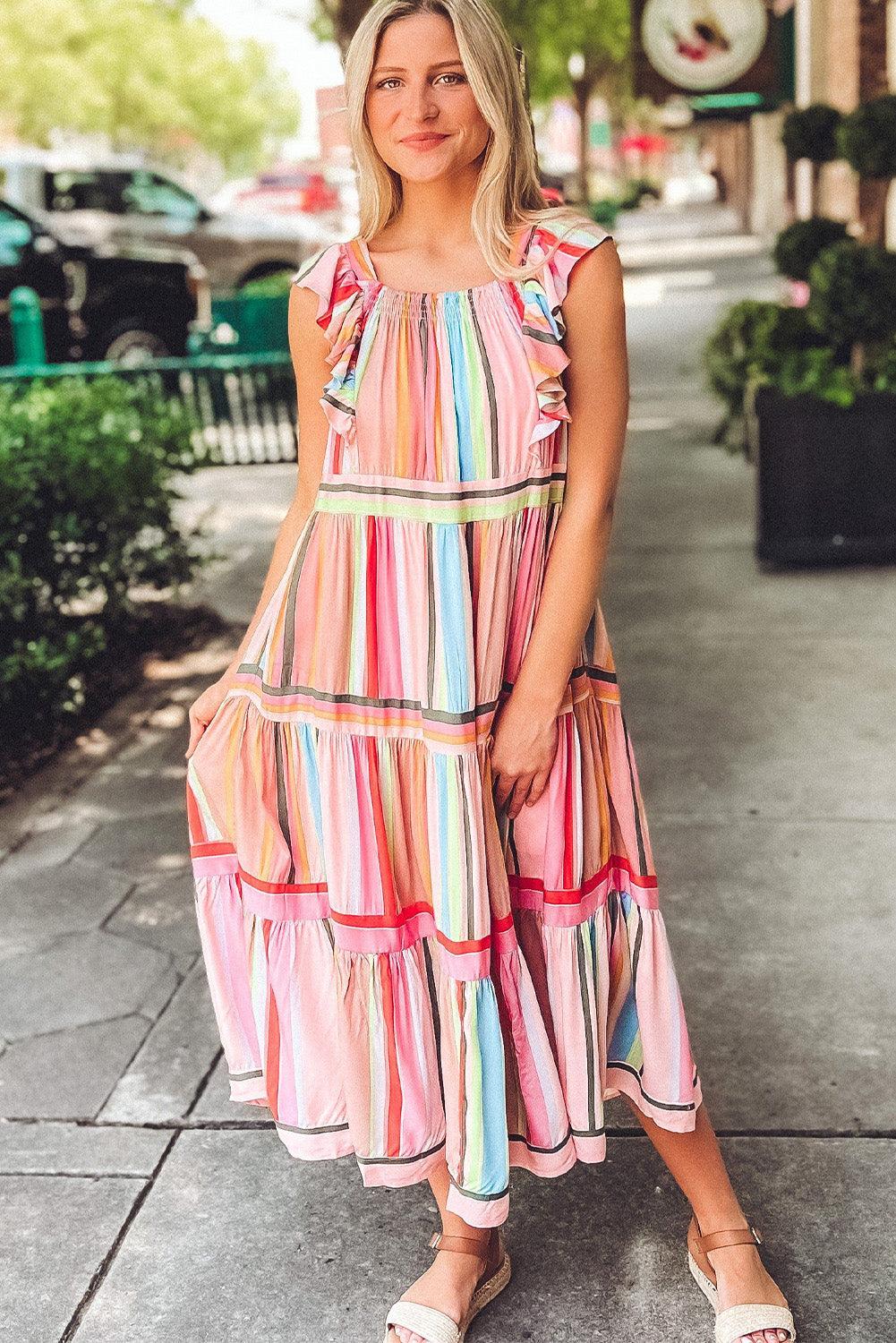 Rainbow Stripe Ruffle Tiered Dress Maxi Dresses MyDresses 