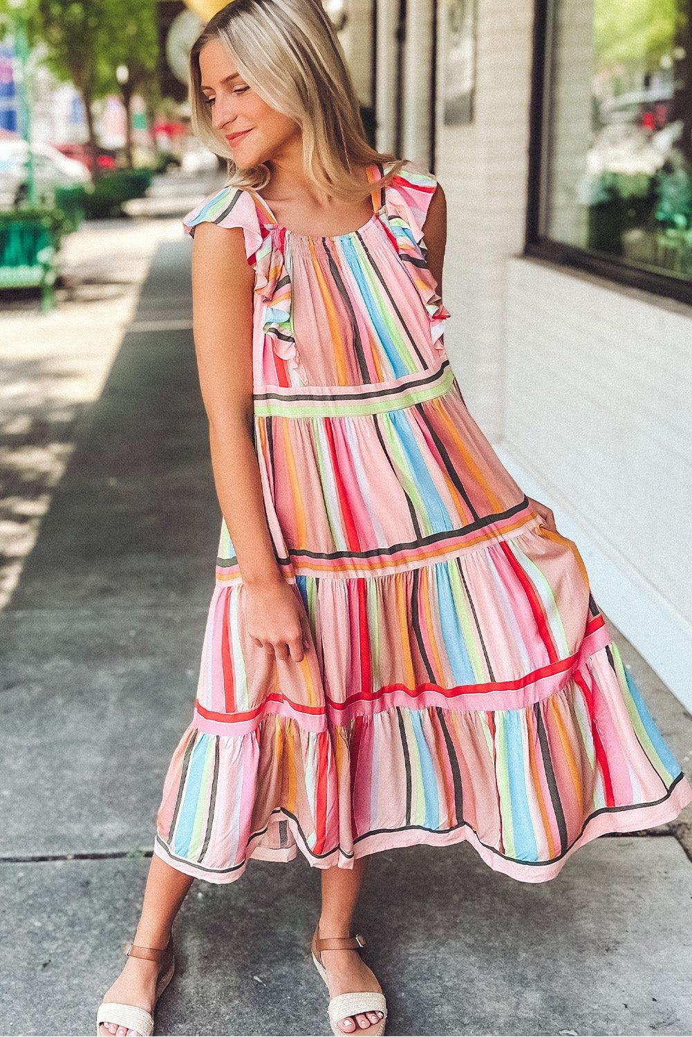 Rainbow Stripe Ruffle Tiered Dress Maxi Dresses MyDresses 