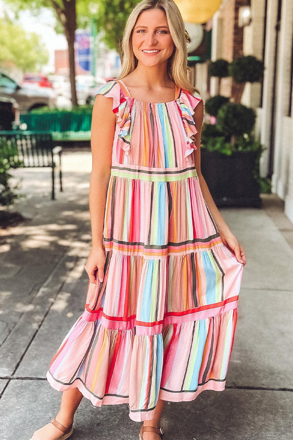 Rainbow Stripe Ruffle Tiered Dress Maxi Dresses MyDresses 