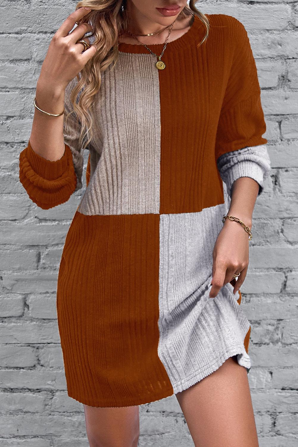 Ribbed Color Block Drop Shoulder Mini Dress Mini Dresses MyDresses Chestnut 8 | S 