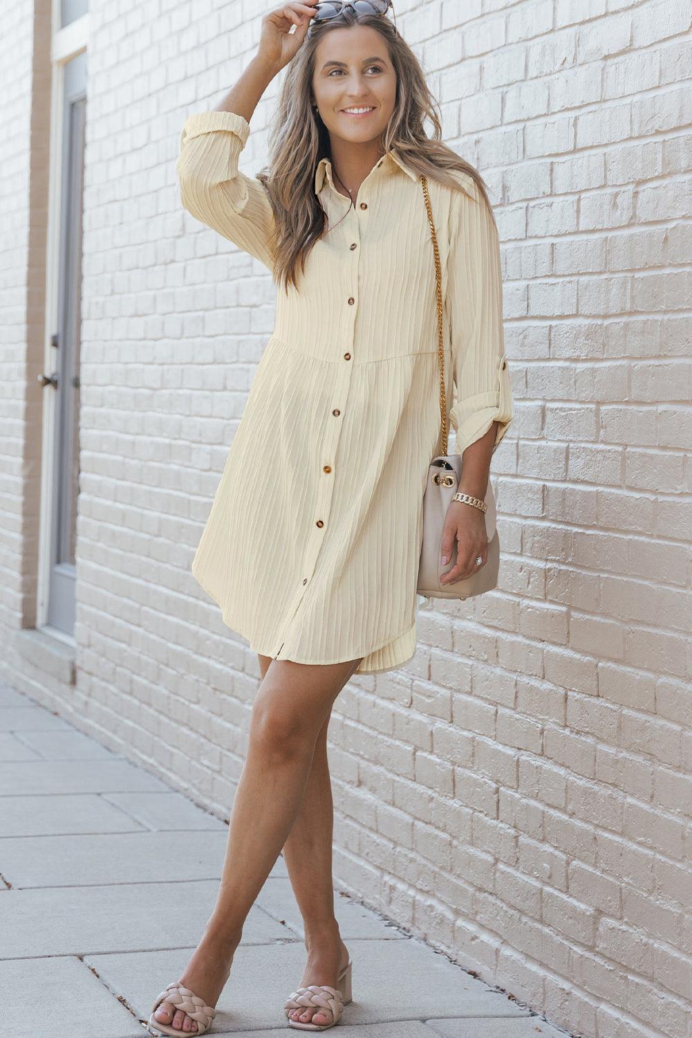 Roll-Up Sleeve Buttoned Textured Dress Mini Dresses MyDresses 