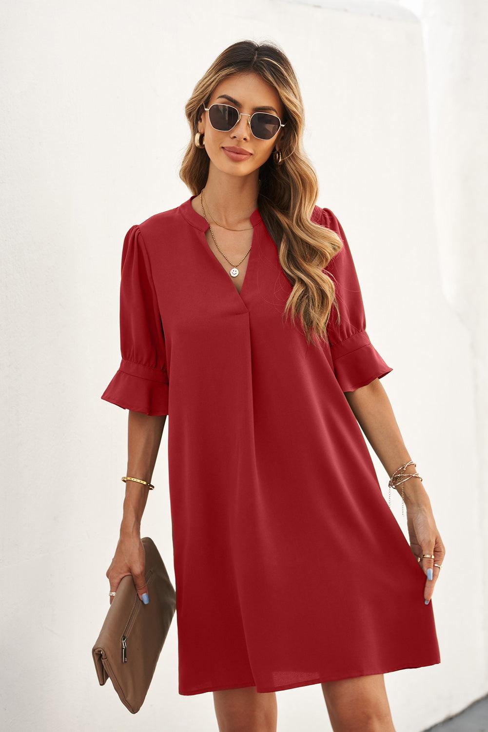 Ruffled Sleeve Shift Knee-Length Dress Mini Dresses MyDresses 