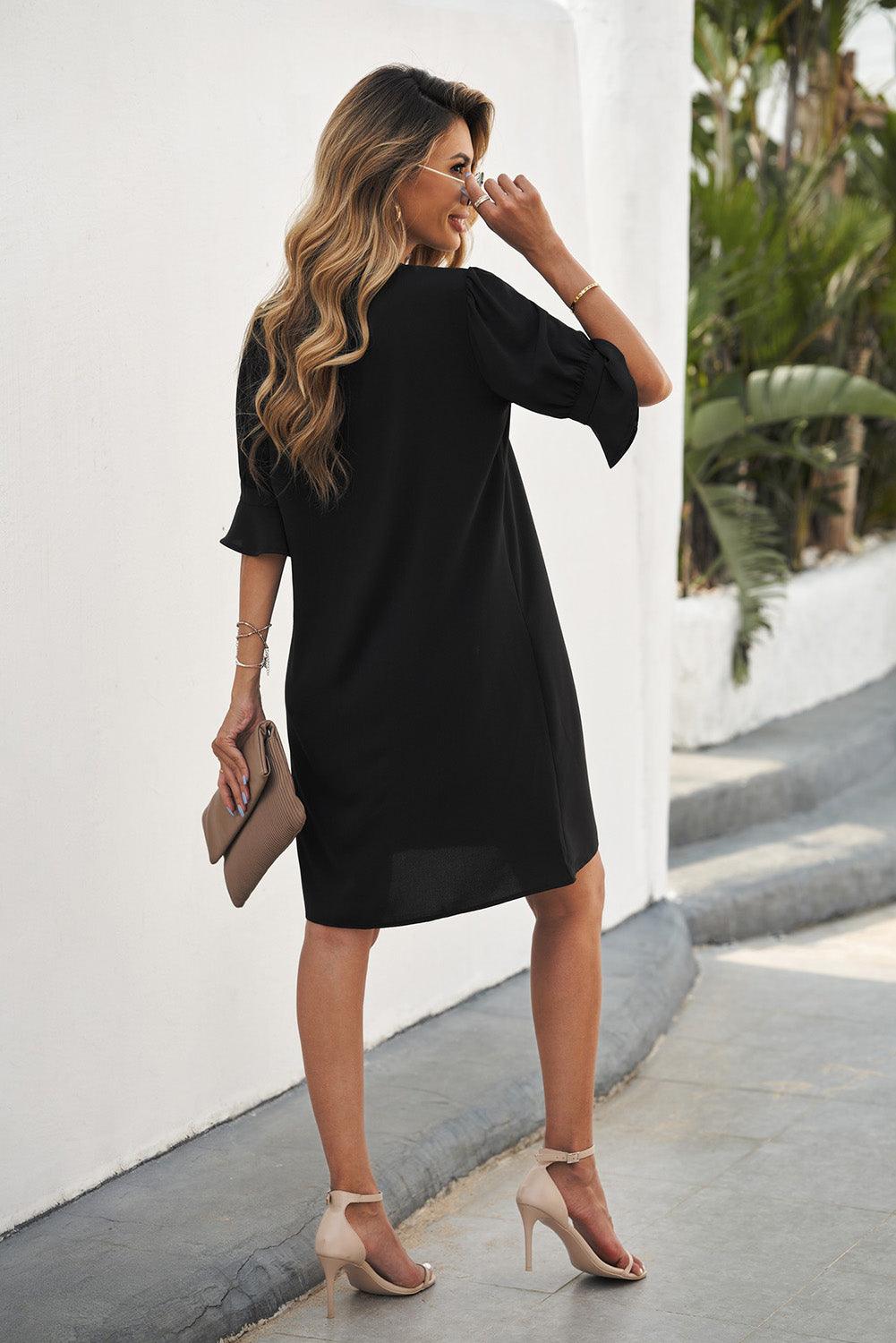 Ruffled Sleeve Shift Knee-Length Dress Mini Dresses MyDresses 