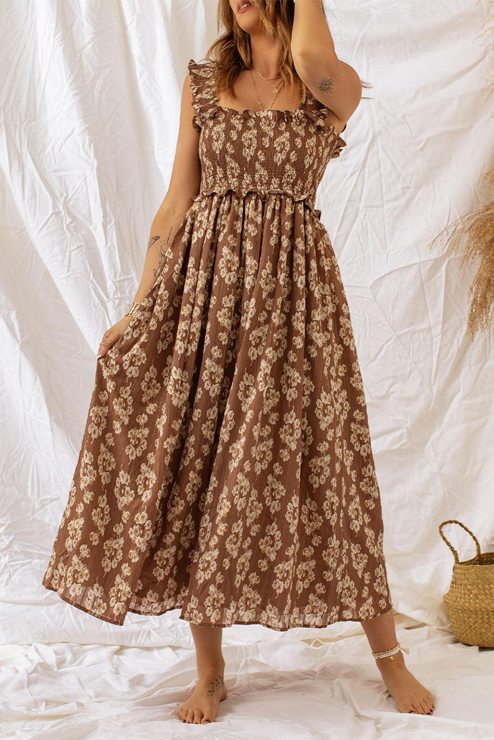 Ruffled Strap Smocked Maxi Floral Dress Maxi Dresses MyDresses Brown 8 | S 