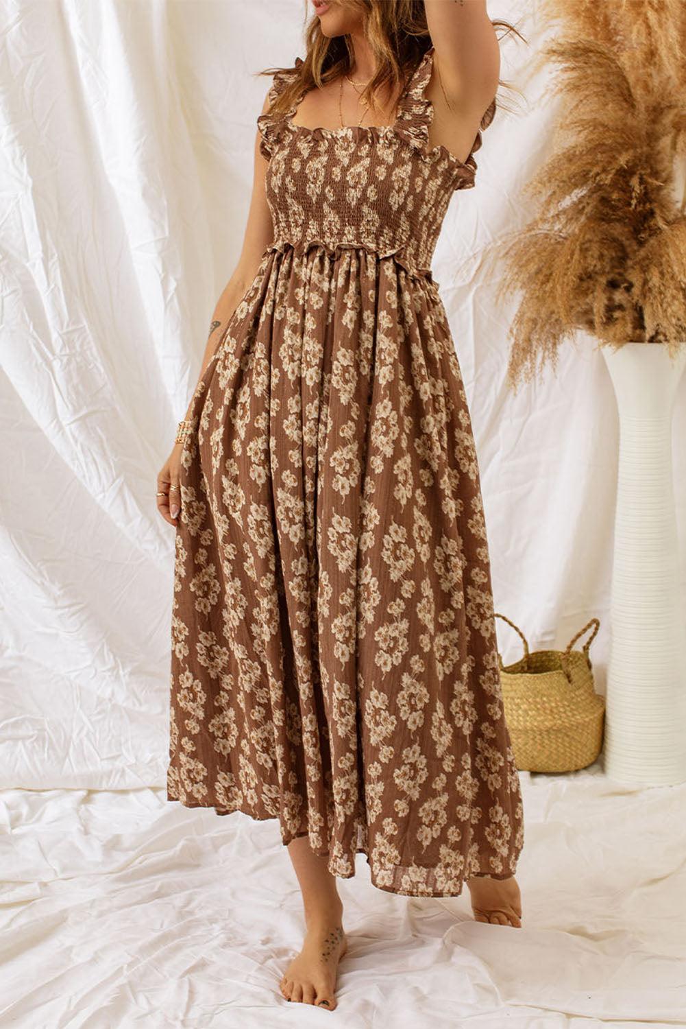 Ruffled Strap Smocked Maxi Floral Dress Maxi Dresses MyDresses 