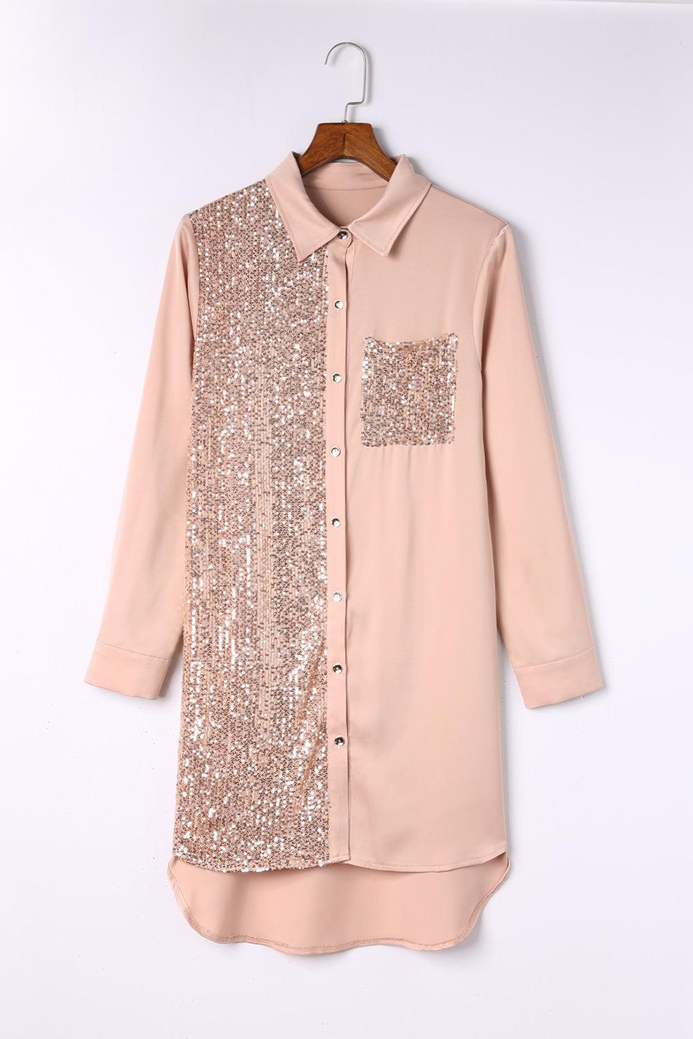 Sequin Spliced Pocket Shirt Dress Mini Dresses MyDresses 