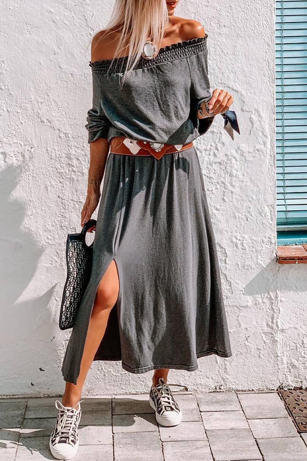 Shirred Off Shoulder Maxi Dress with Split Maxi Dresses MyDresses Grey 8 | S 