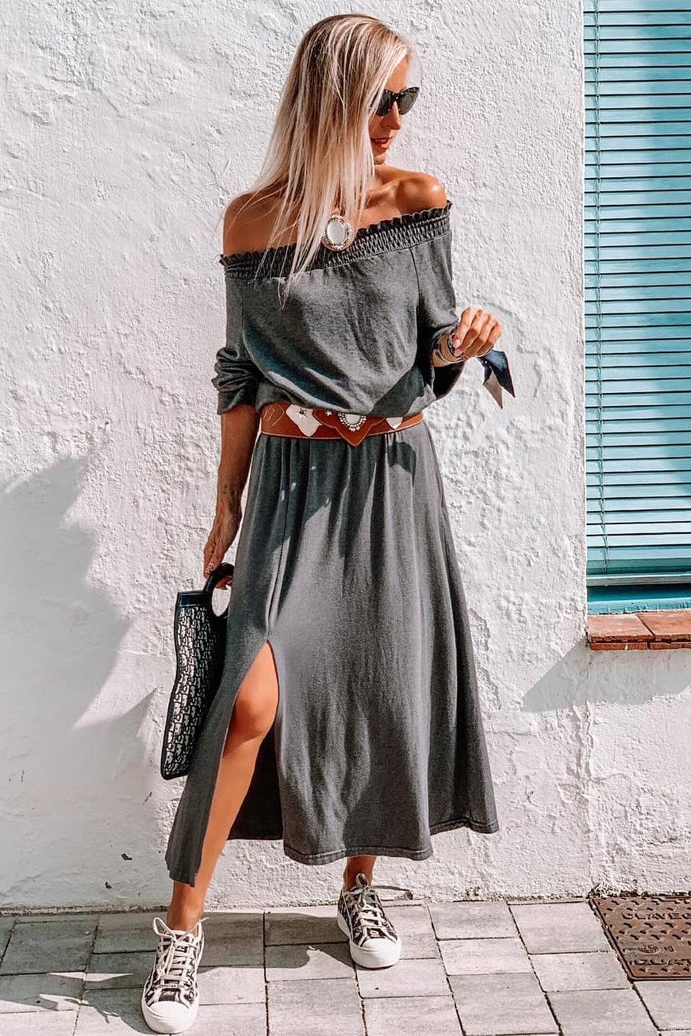 Shirred Off Shoulder Maxi Dress with Split Maxi Dresses MyDresses 