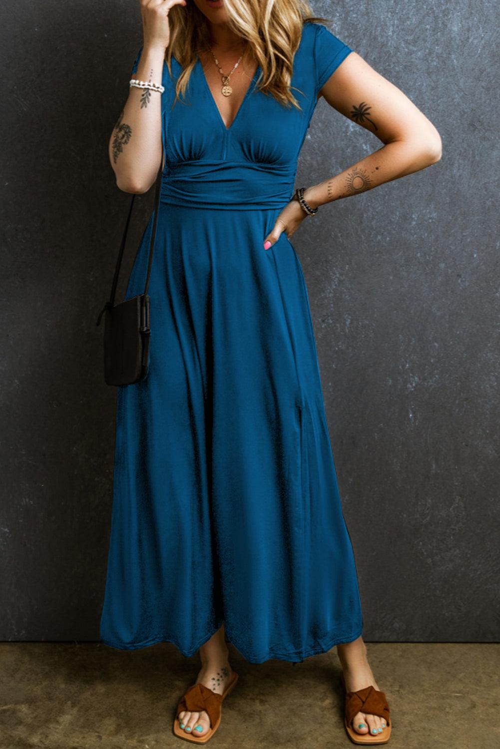 Short Sleeve Shirred V Neck Maxi Dress Maxi Dresses MyDresses Peacock Blue 8 | S 