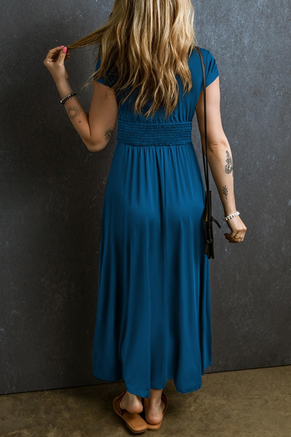 Short Sleeve Shirred V Neck Maxi Dress Maxi Dresses MyDresses 