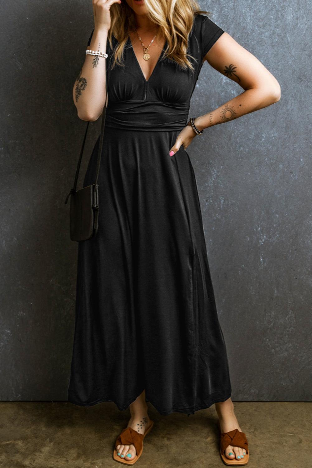 Short Sleeve Shirred V Neck Maxi Dress Maxi Dresses MyDresses Black 8 | S 