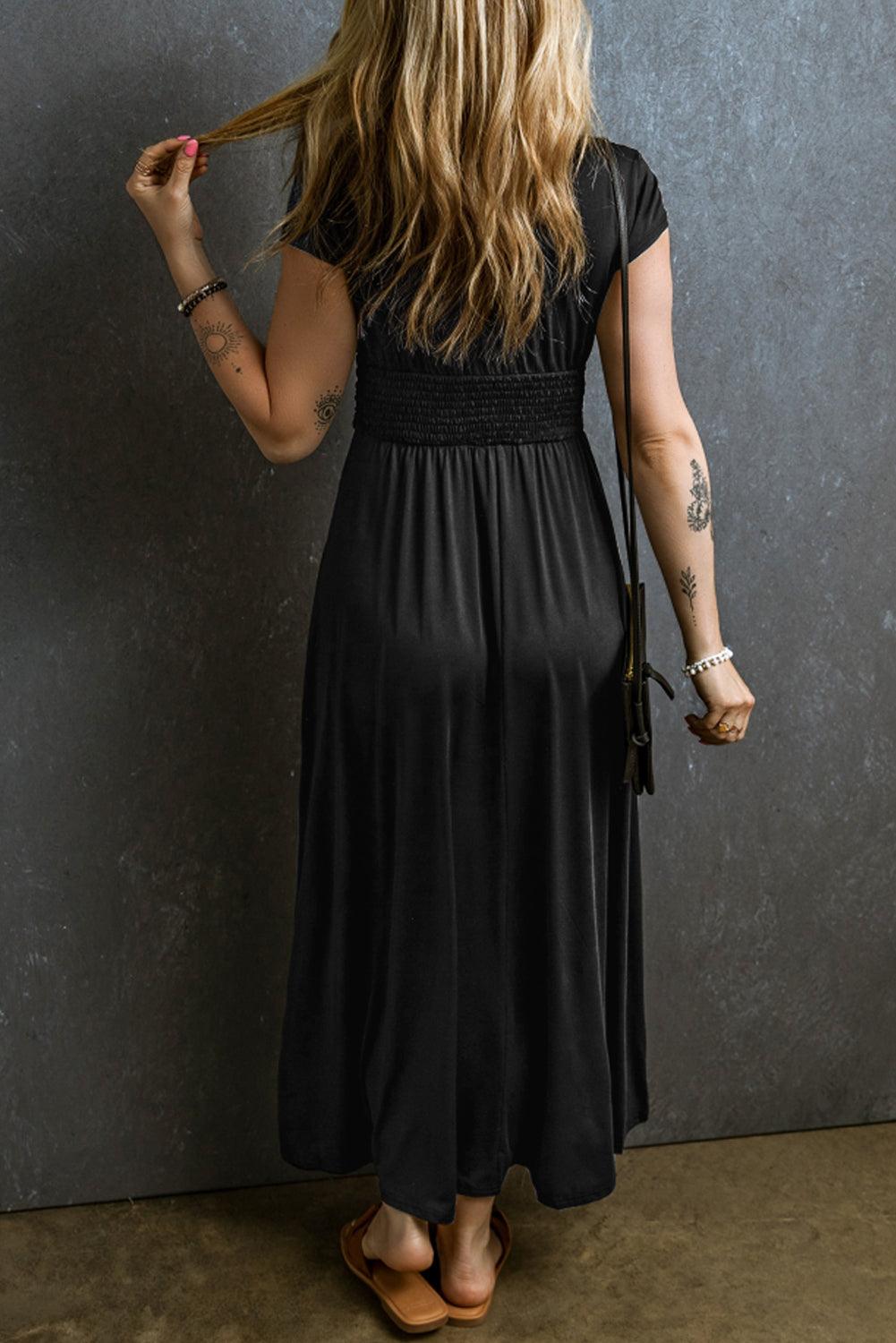 Short Sleeve Shirred V Neck Maxi Dress Maxi Dresses MyDresses 