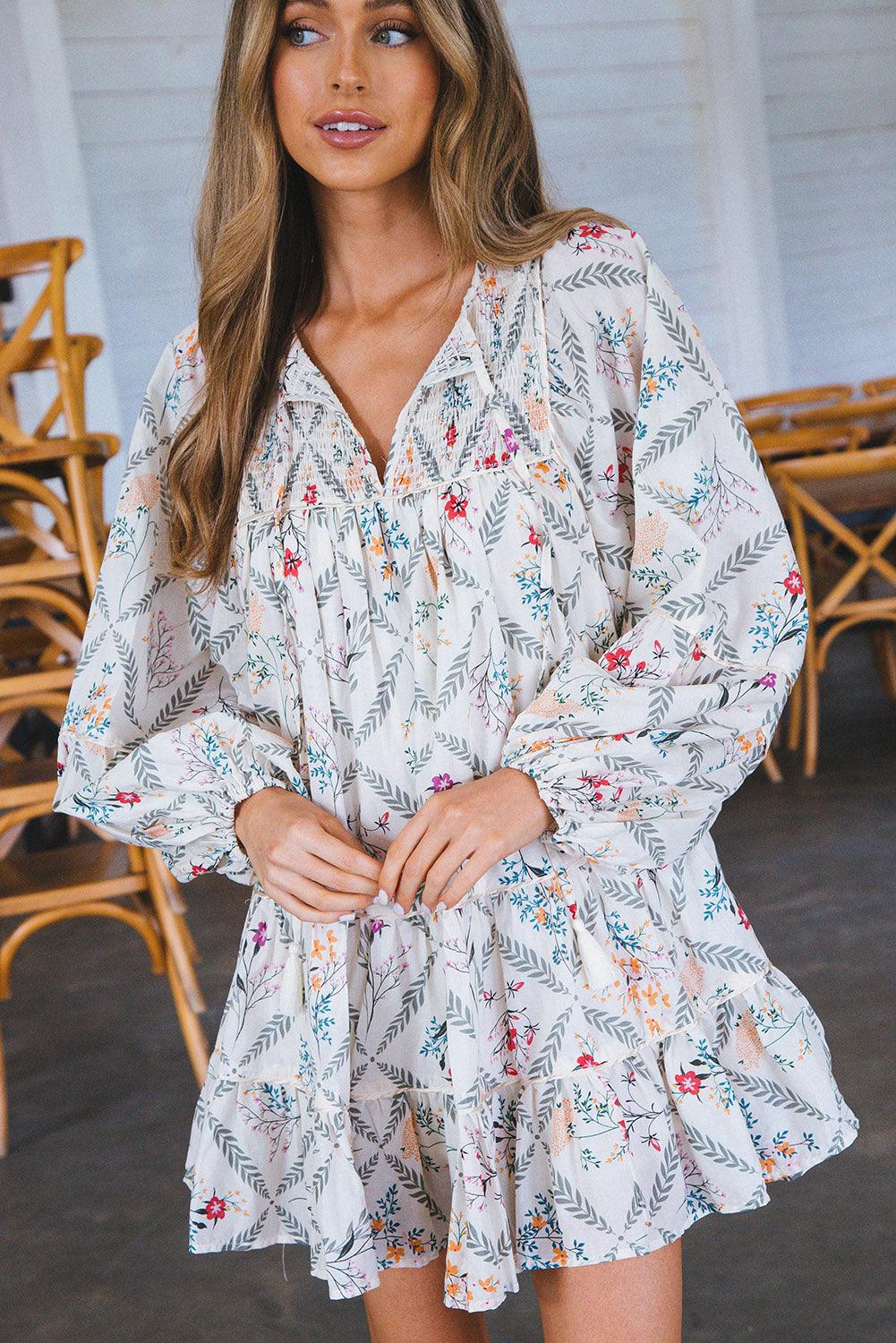 Split Neck Boho Floral Ruffle Dress with Tassel Tie Mini Dresses MyDresses 