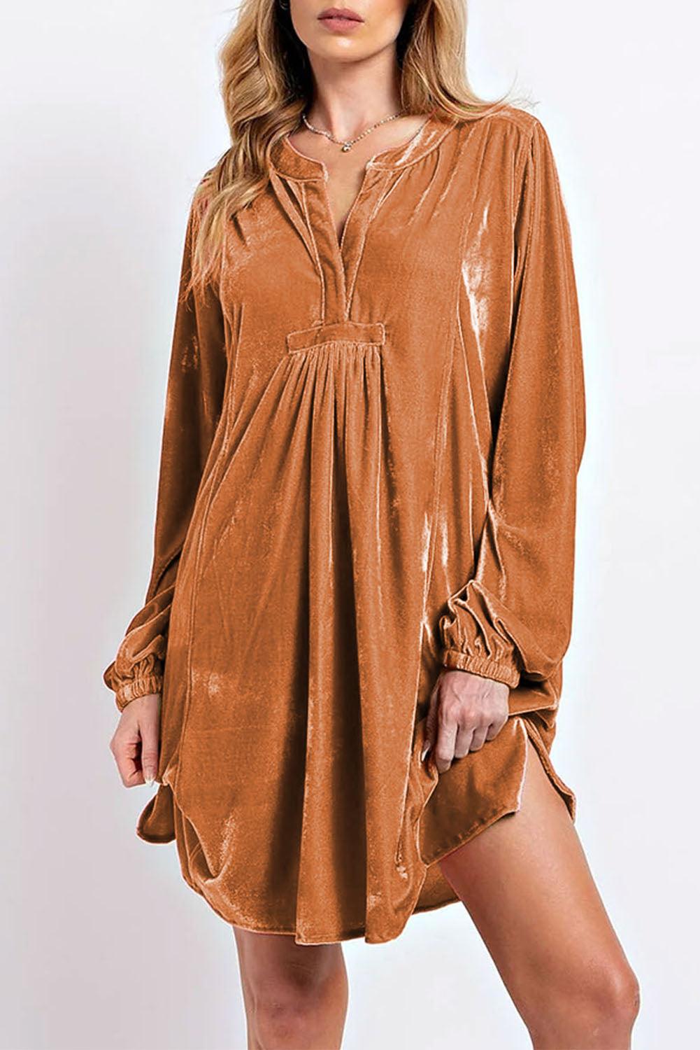 Split Neck Velvet Tunic Dress Mini Dresses MyDresses Chestnut 8 | S 