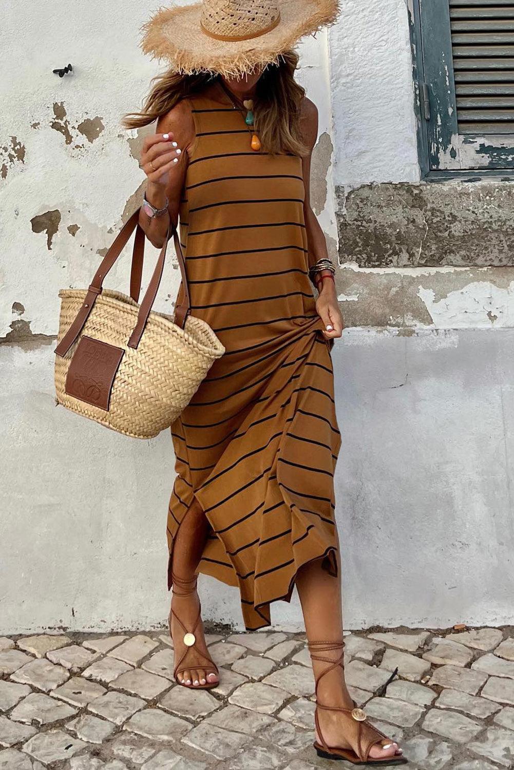 Stripe Print Sleeveless Maxi Dress with Slits Maxi Dresses MyDresses 