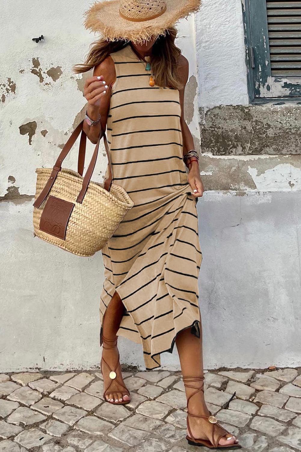 Stripe Print Sleeveless Maxi Dress with Slits Maxi Dresses MyDresses 