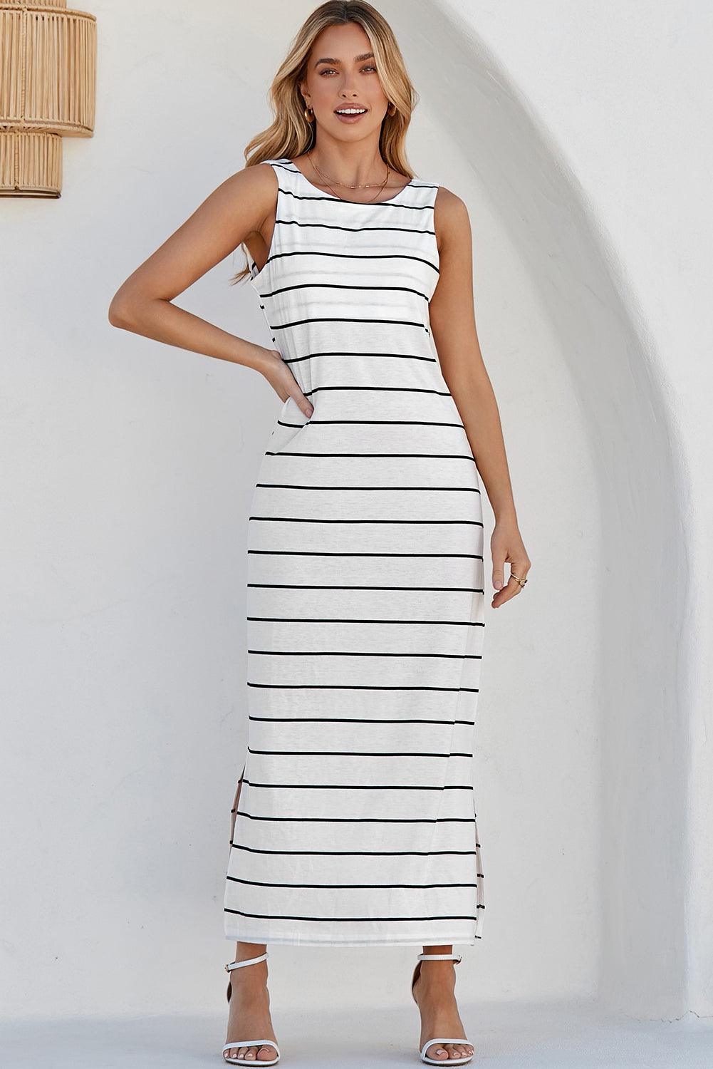 Stripe Print Sleeveless Maxi Dress with Slits Maxi Dresses MyDresses 