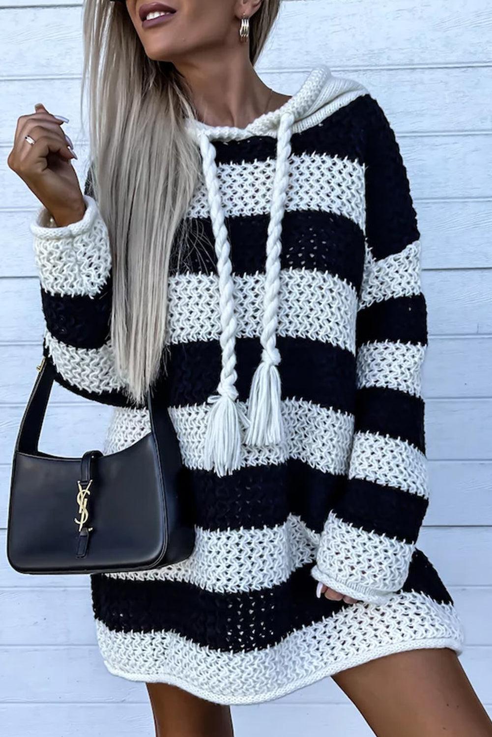 Striped Braided Tassel Hoodie Dress Sweater Dresses MyDresses Black 8 | S 