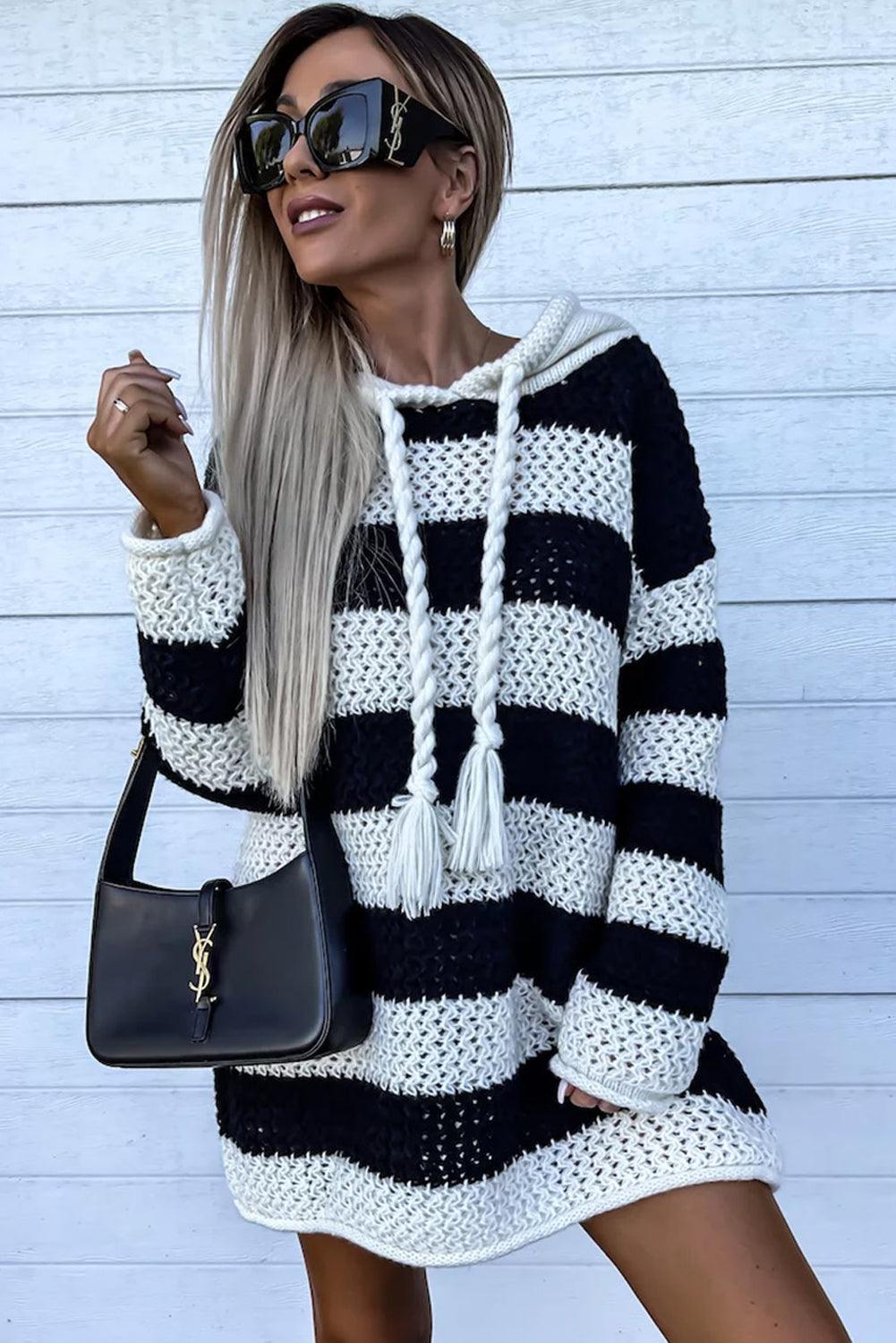 Striped Braided Tassel Hoodie Dress Sweater Dresses MyDresses 