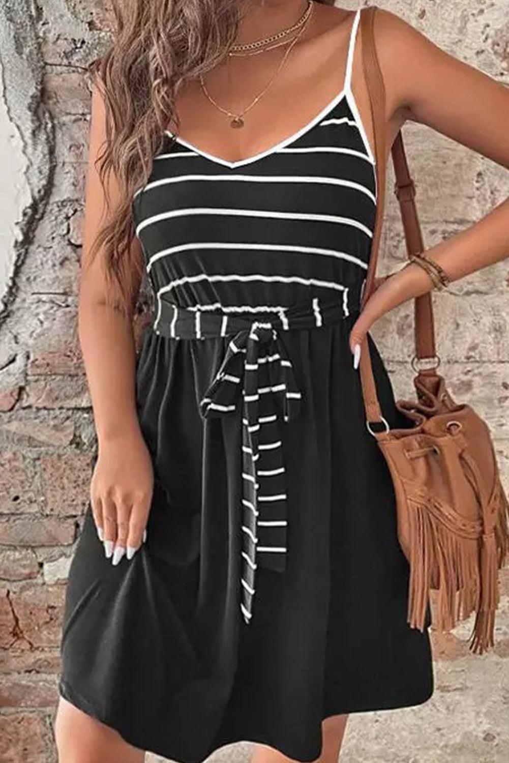 Striped Cami Dress with Sash and Spaghetti Straps Mini Dresses MyDresses Black 8 | S 