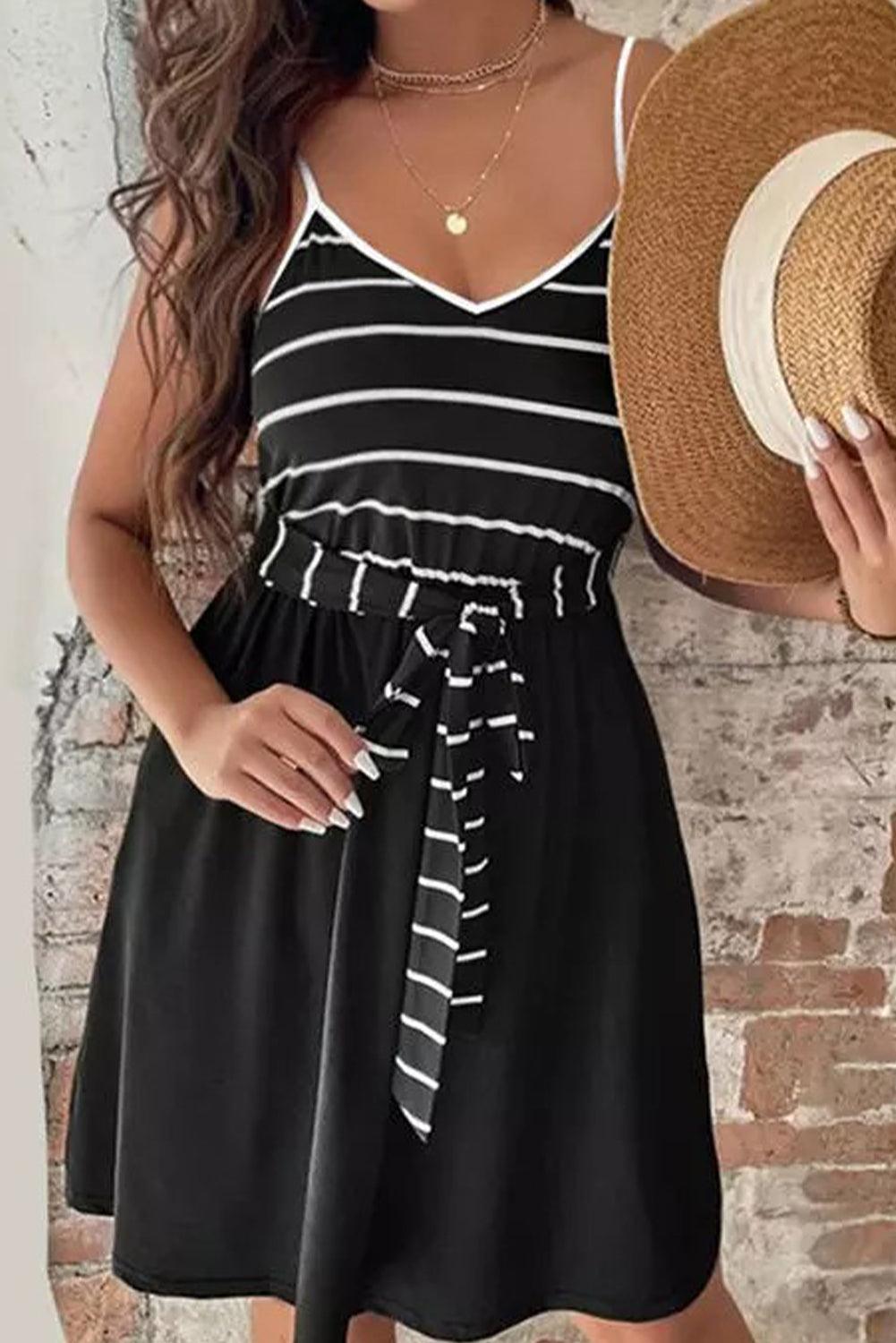 Striped Cami Dress with Sash and Spaghetti Straps Mini Dresses MyDresses 