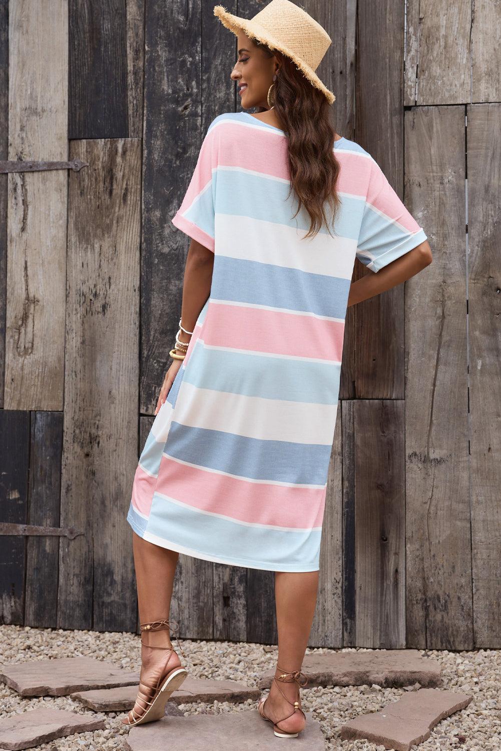 Striped Dress with 3/4 Sleeves Loose Fit Midi Dresses MyDresses 