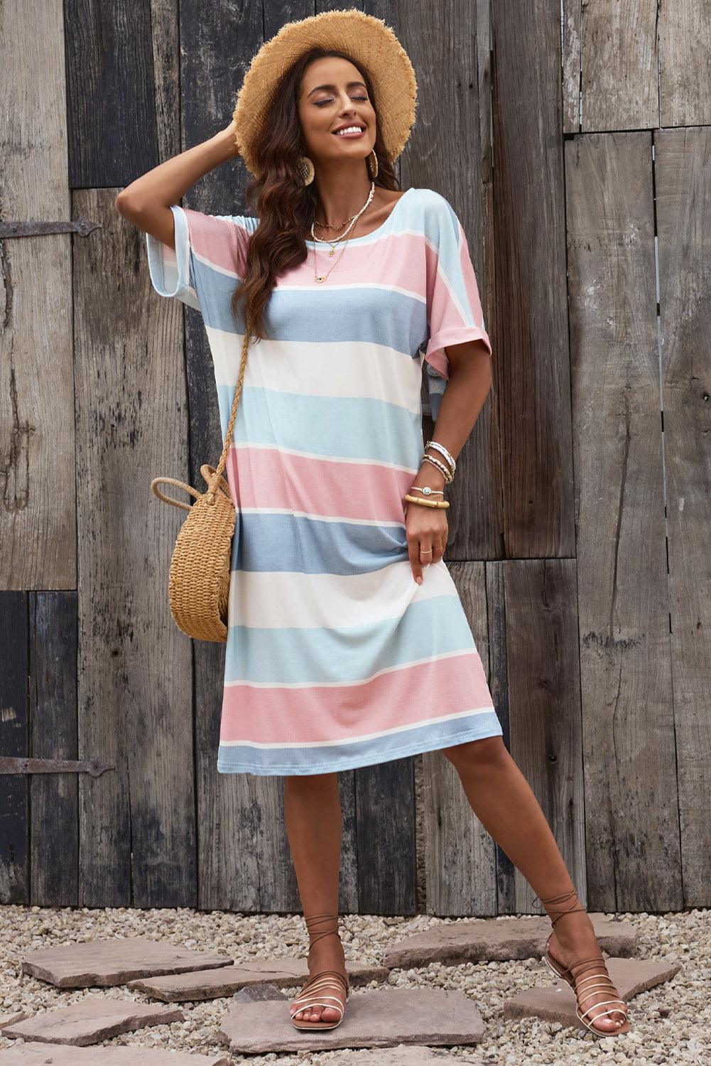 Striped Dress with 3/4 Sleeves Loose Fit Midi Dresses MyDresses 