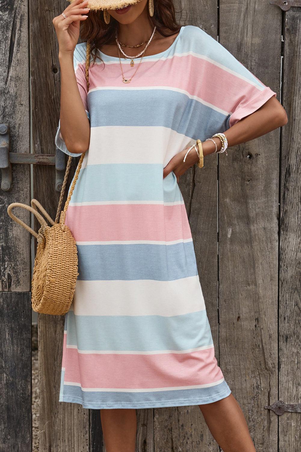 Striped Dress with 3/4 Sleeves Loose Fit Midi Dresses MyDresses Multicolour 8 | S 