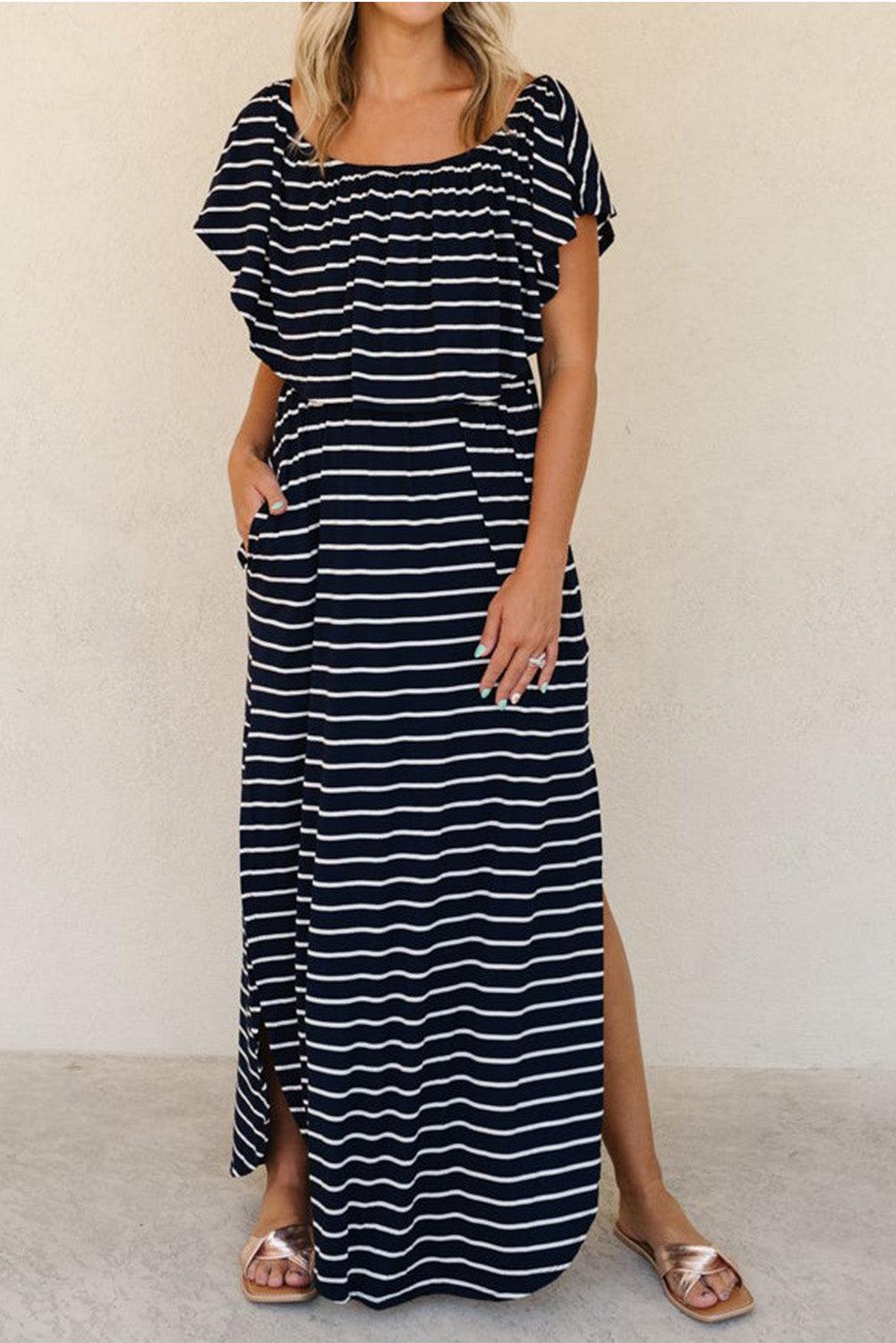 Striped Ruffled High Waist Maxi Dress Maxi Dresses MyDresses Black 8 | S 