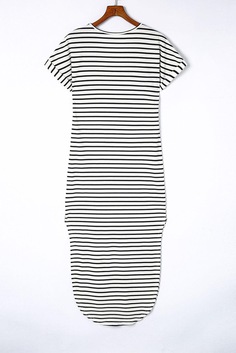 Striped Side Split V Neck Maxi Dress with Short Sleeves Maxi Dresses MyDresses 