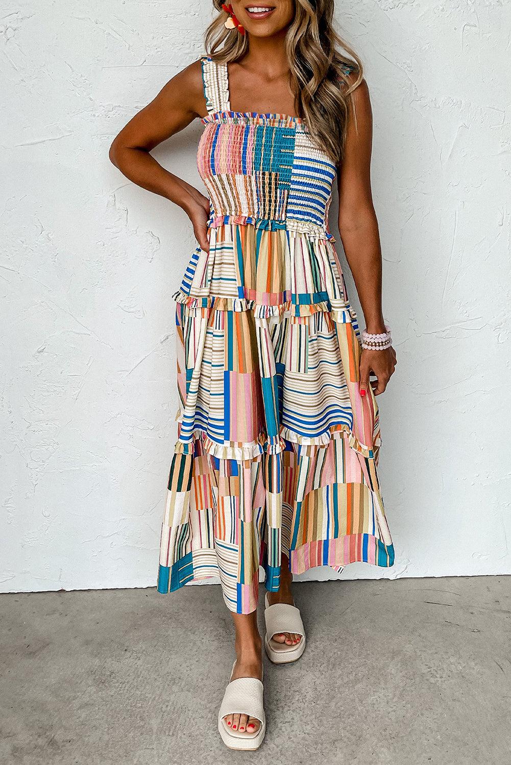 Striped Smocked Tiered Maxi Dress with Wide Straps Maxi Dresses MyDresses Multicolour 8 | S 