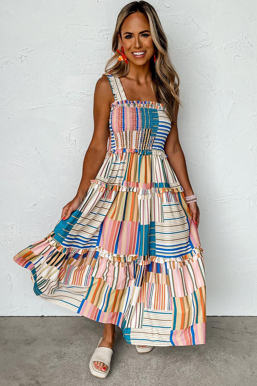 Striped Smocked Tiered Maxi Dress with Wide Straps Maxi Dresses MyDresses 