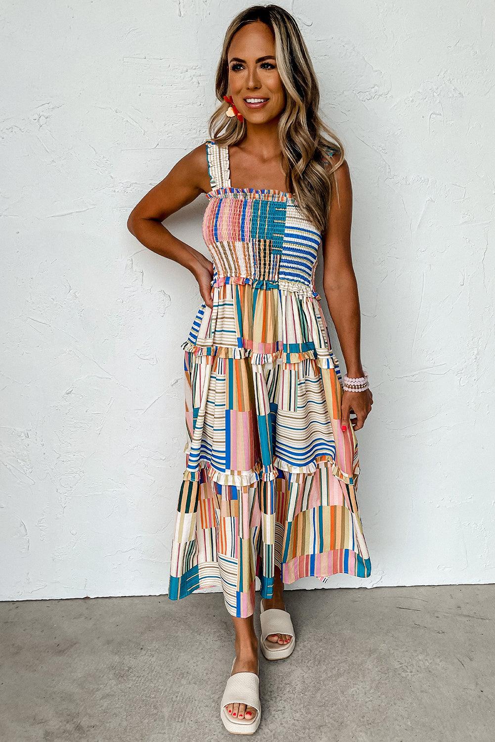 Striped Smocked Tiered Maxi Dress with Wide Straps Maxi Dresses MyDresses 