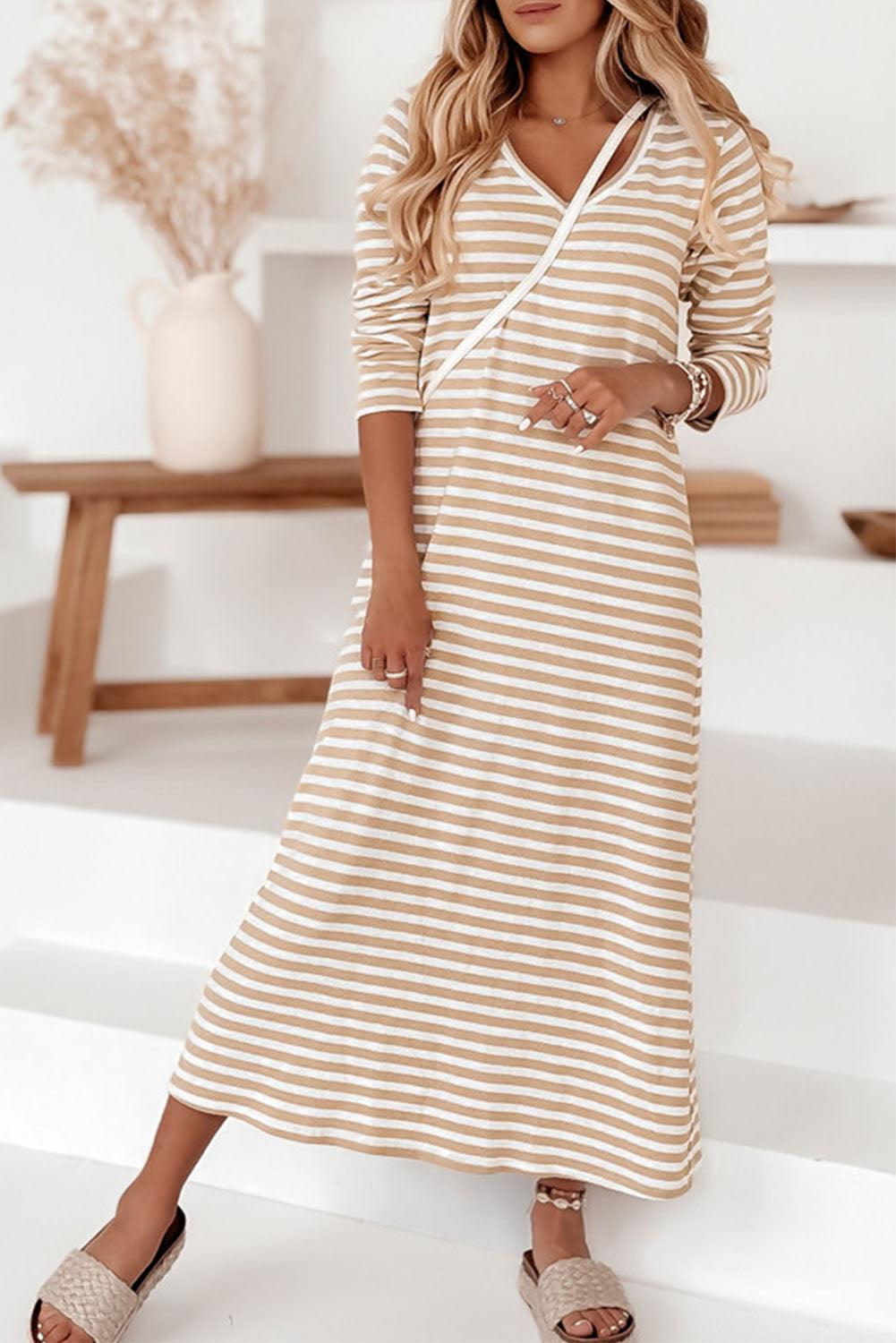 Striped V-Neck Long Sleeve Casual Dress Maxi Dresses MyDresses Khaki 8 | S 