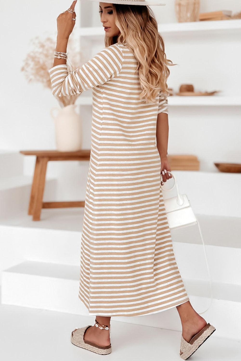 Striped V-Neck Long Sleeve Casual Dress Maxi Dresses MyDresses 