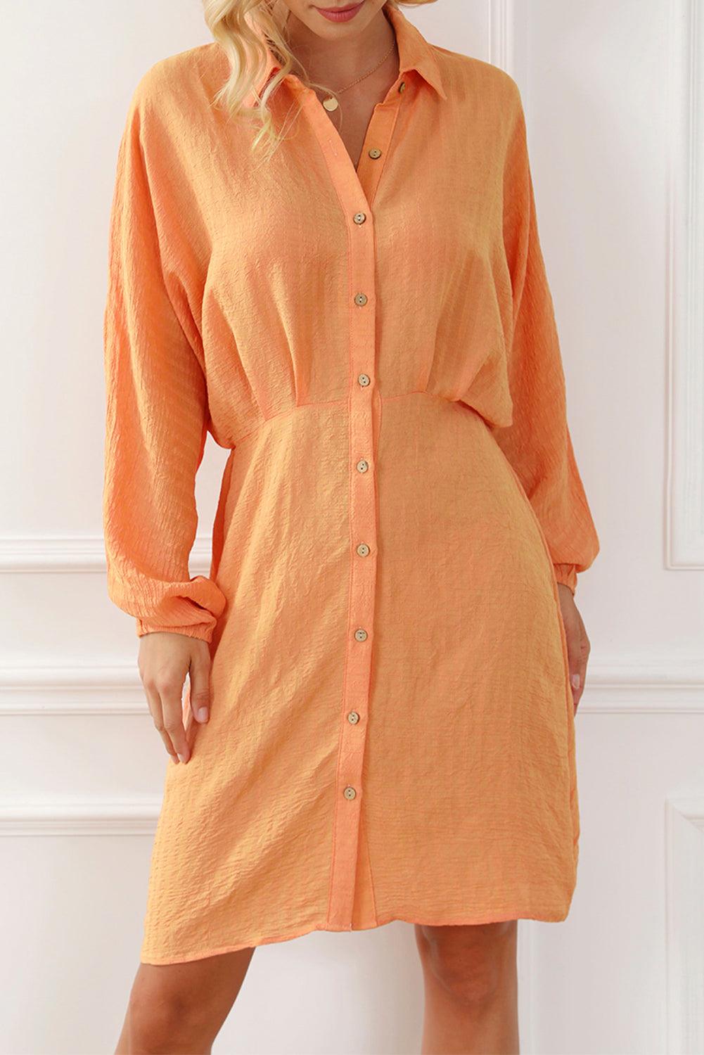 Textured Button-Front Cinched Waist Mini Dress Mini Dresses MyDresses Orange 8 | S 