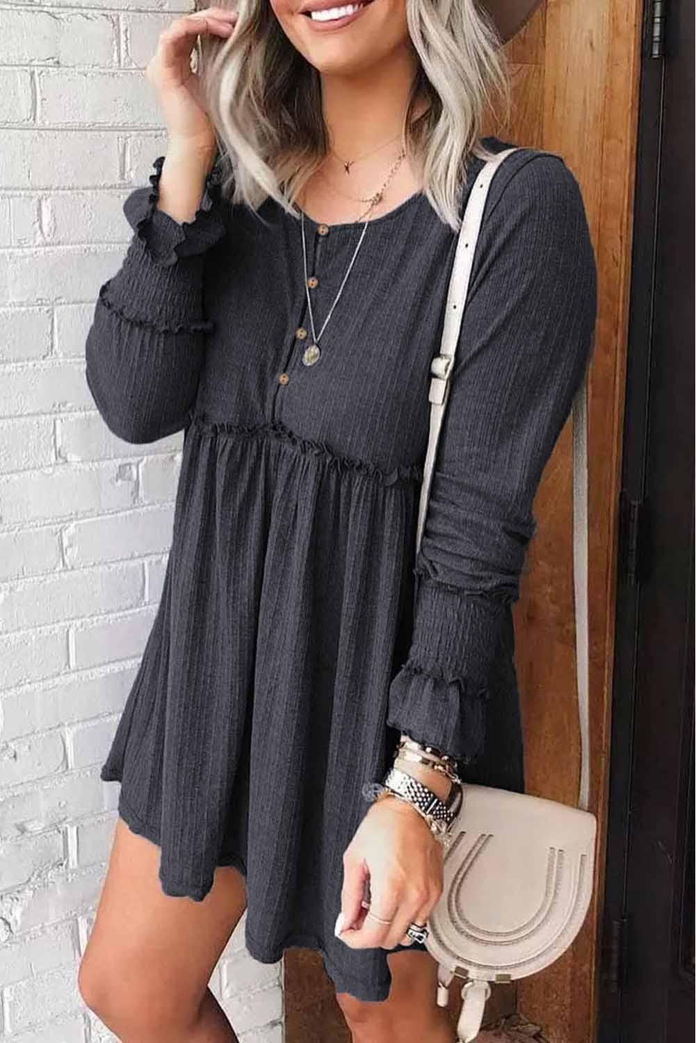 Textured Buttoned Long Sleeve Babydoll Dress Mini Dresses MyDresses Grey 8 | S 