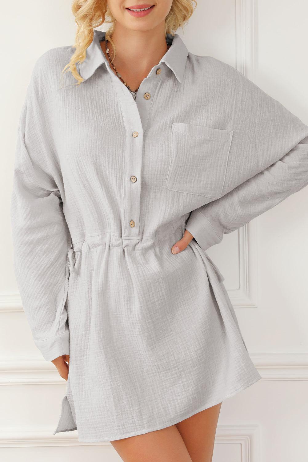 Textured Dress with Buttoned Rolled Sleeves and Drawstring Mini Dresses MyDresses Light Grey 8 | S 