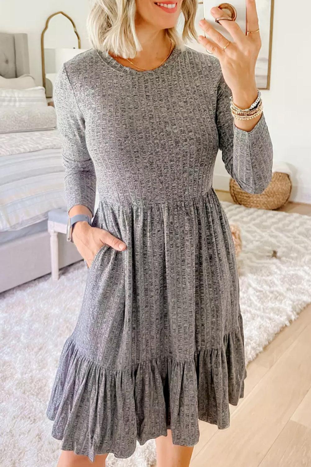 Textured Pinstriped Ruffled A-line Midi Dress Midi Dresses MyDresses Grey 8 | S 