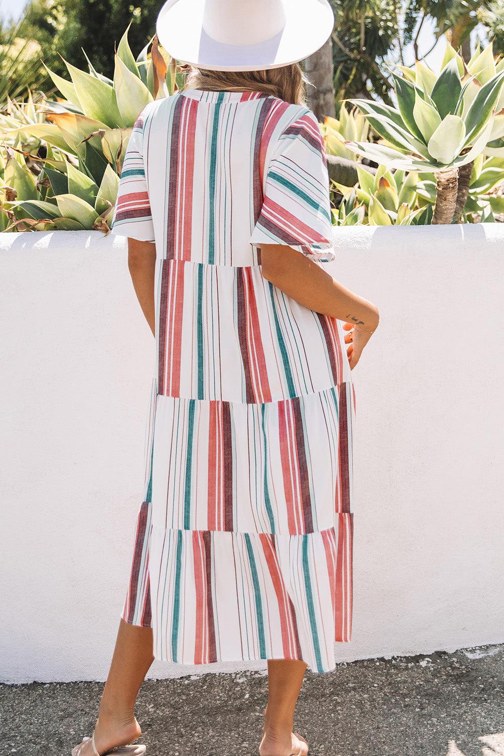 Serape Stripe Shirt Dress with V Neck and Buttons Maxi Dresses MyDresses 