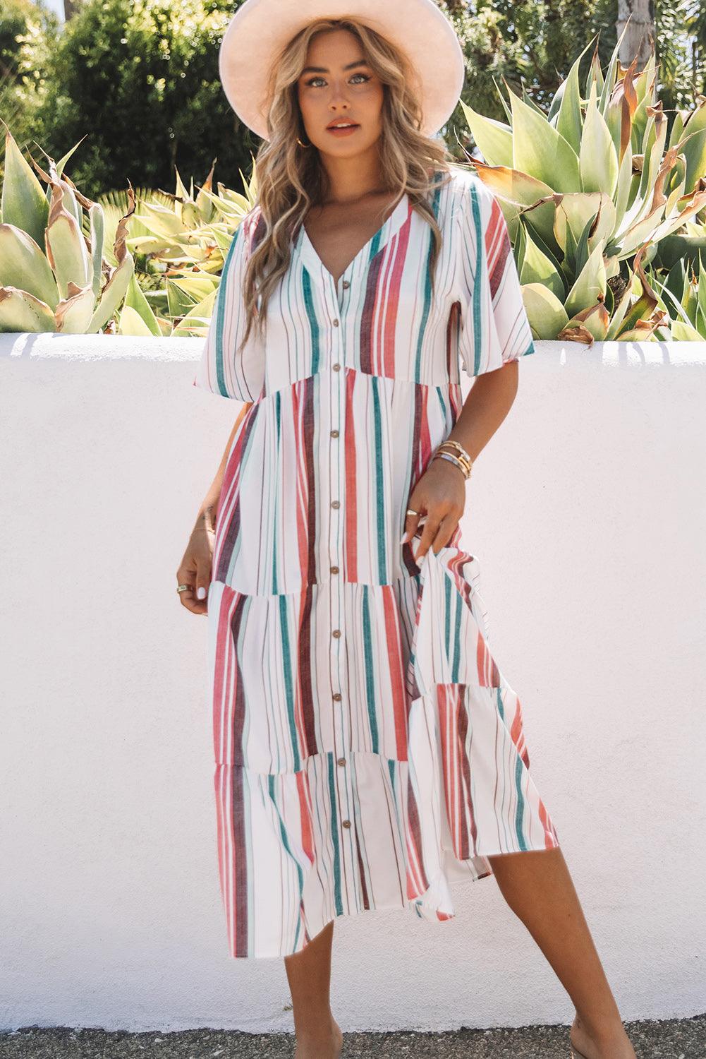 Serape Stripe Shirt Dress with V Neck and Buttons Maxi Dresses MyDresses 