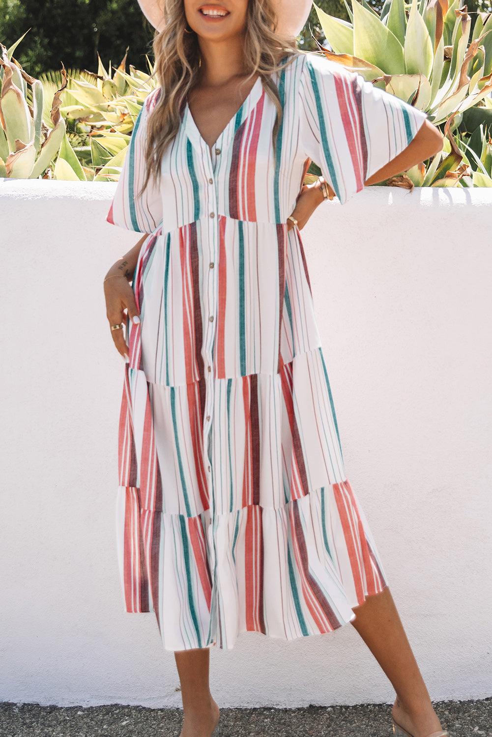 Serape Stripe Shirt Dress with V Neck and Buttons Maxi Dresses MyDresses Stripe 8 | S 