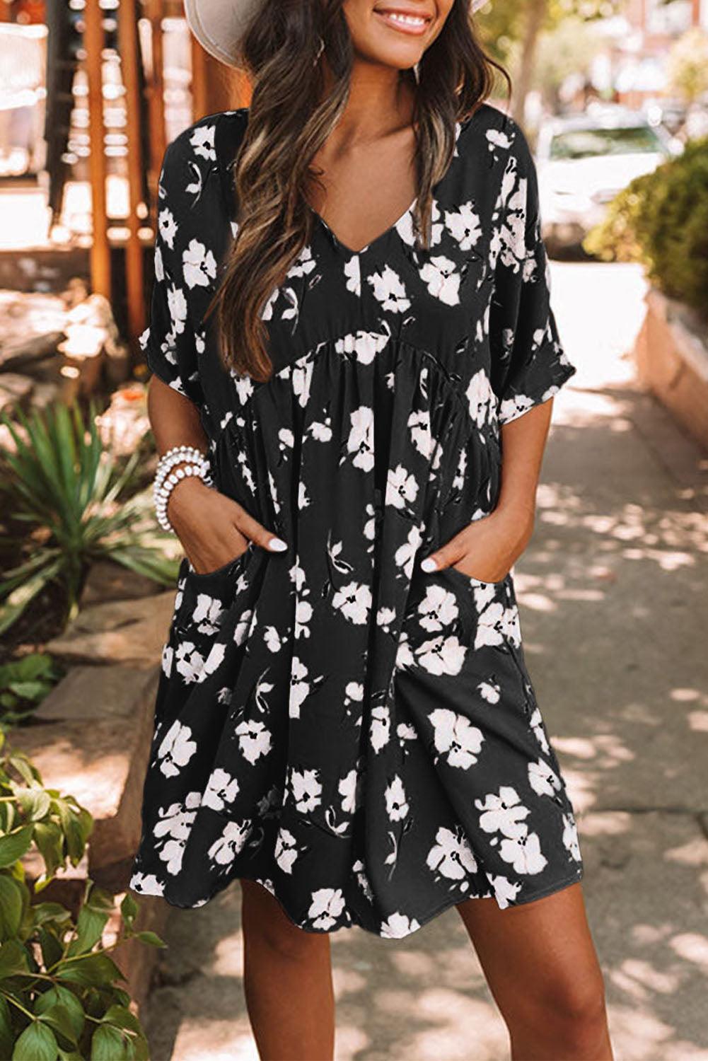 V-Neck Floral Babydoll Dress with Pockets Mini Dresses MyDresses Black 8 | S 