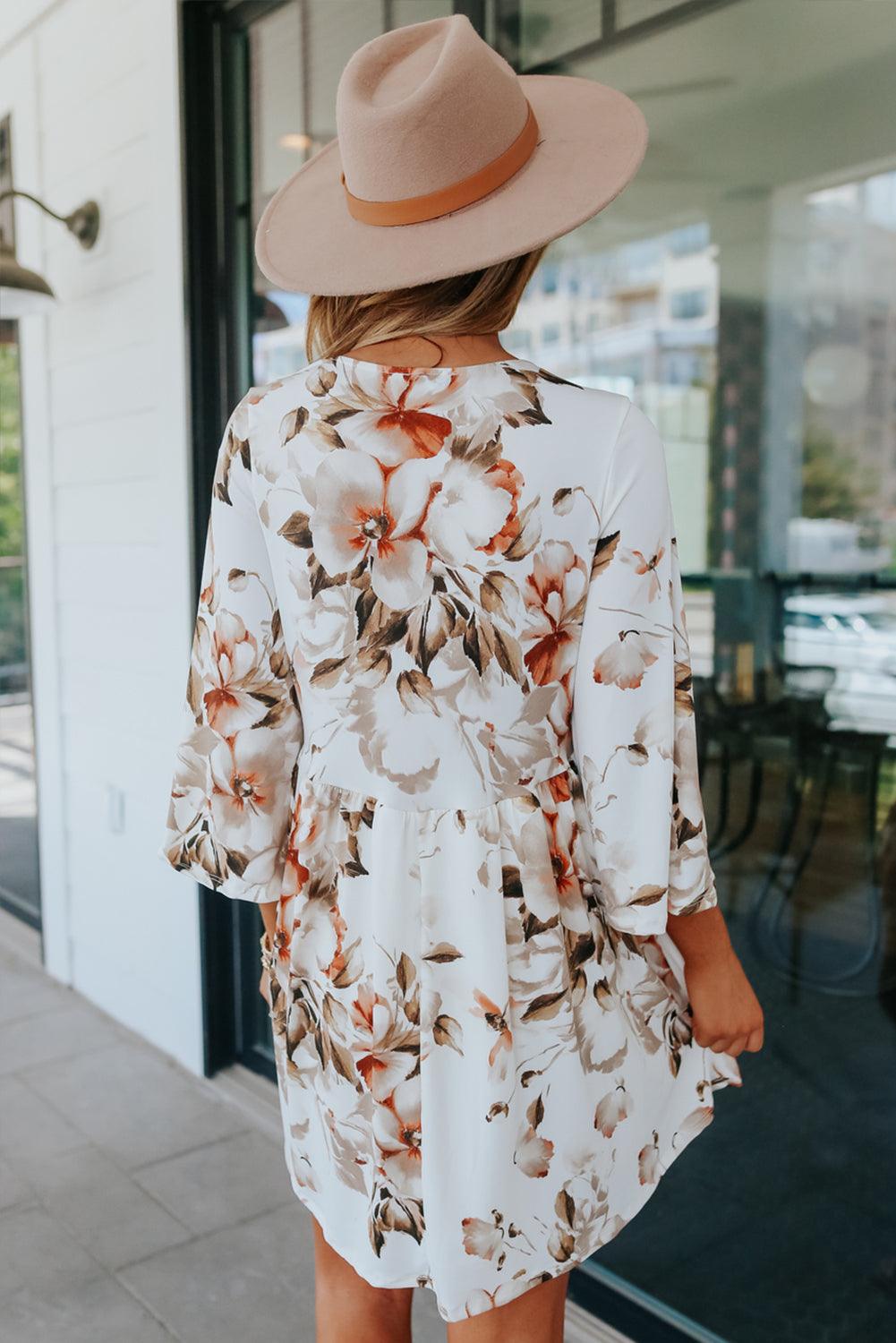 V Neck Floral Dress with 3/4 Sleeves Floral Dresses MyDresses 