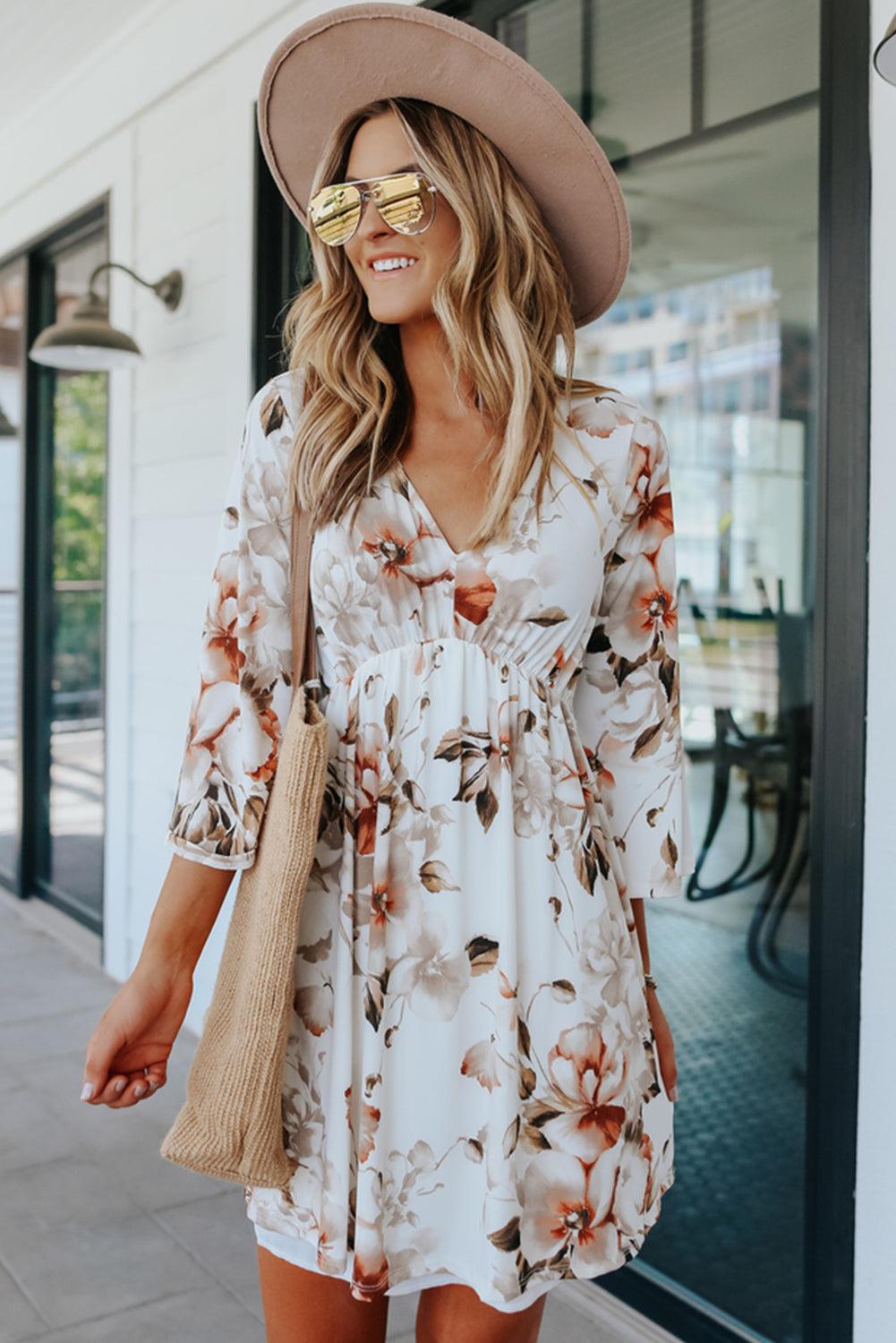 V Neck Floral Dress with 3/4 Sleeves Floral Dresses MyDresses 