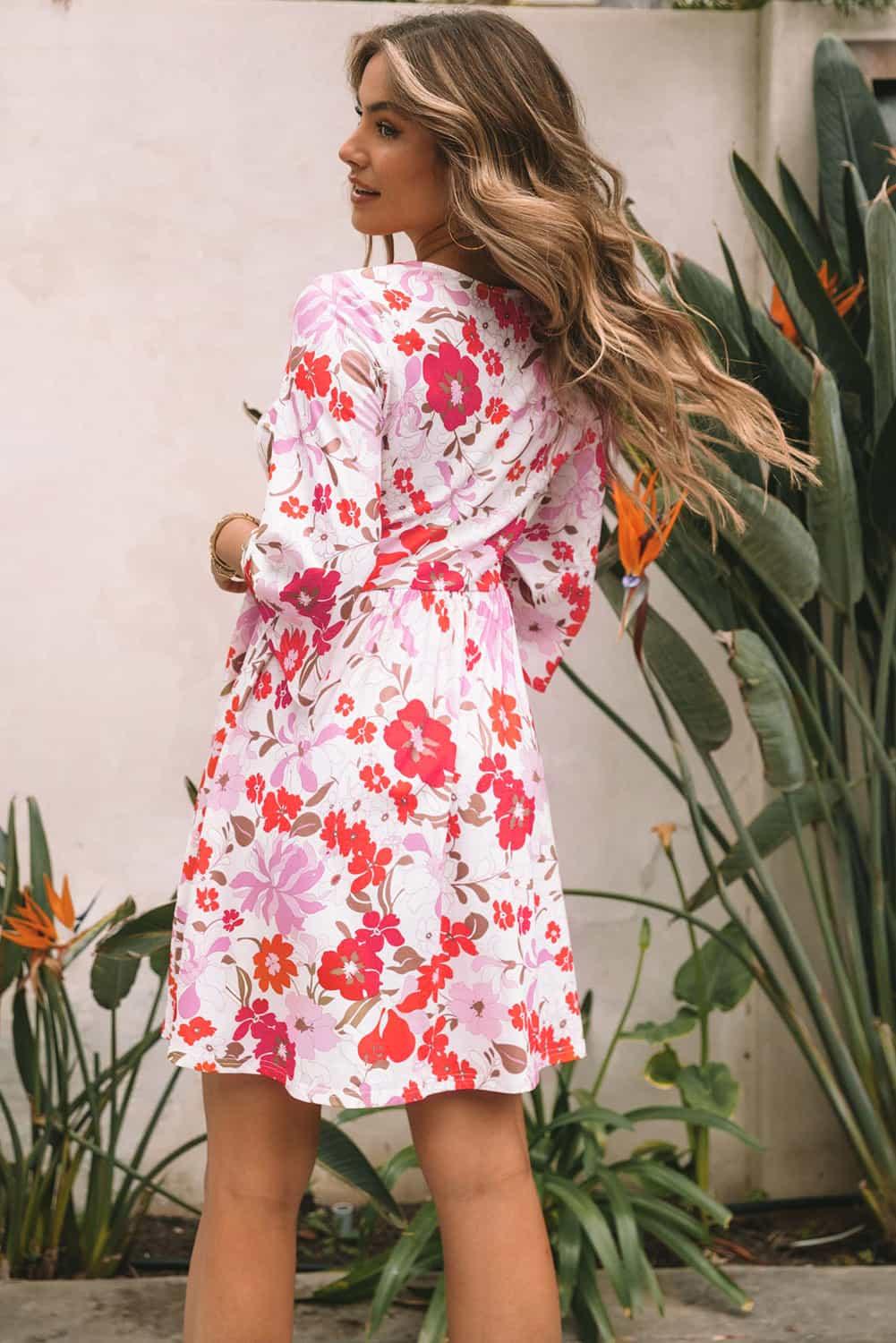 V Neck Floral Dress with 3/4 Sleeves Floral Dresses MyDresses 