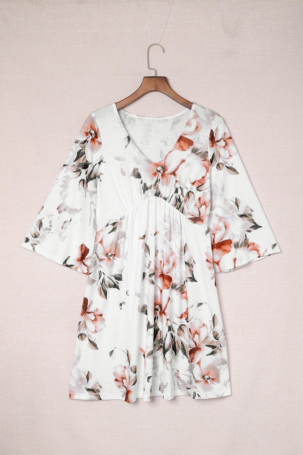 V Neck Floral Dress with 3/4 Sleeves Floral Dresses MyDresses 