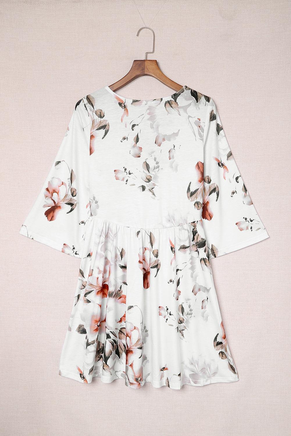 V Neck Floral Dress with 3/4 Sleeves Floral Dresses MyDresses 