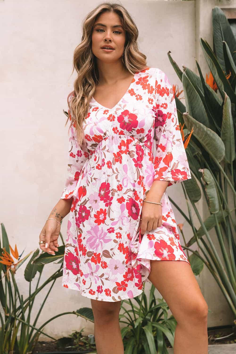 V Neck Floral Dress with 3/4 Sleeves Floral Dresses MyDresses 